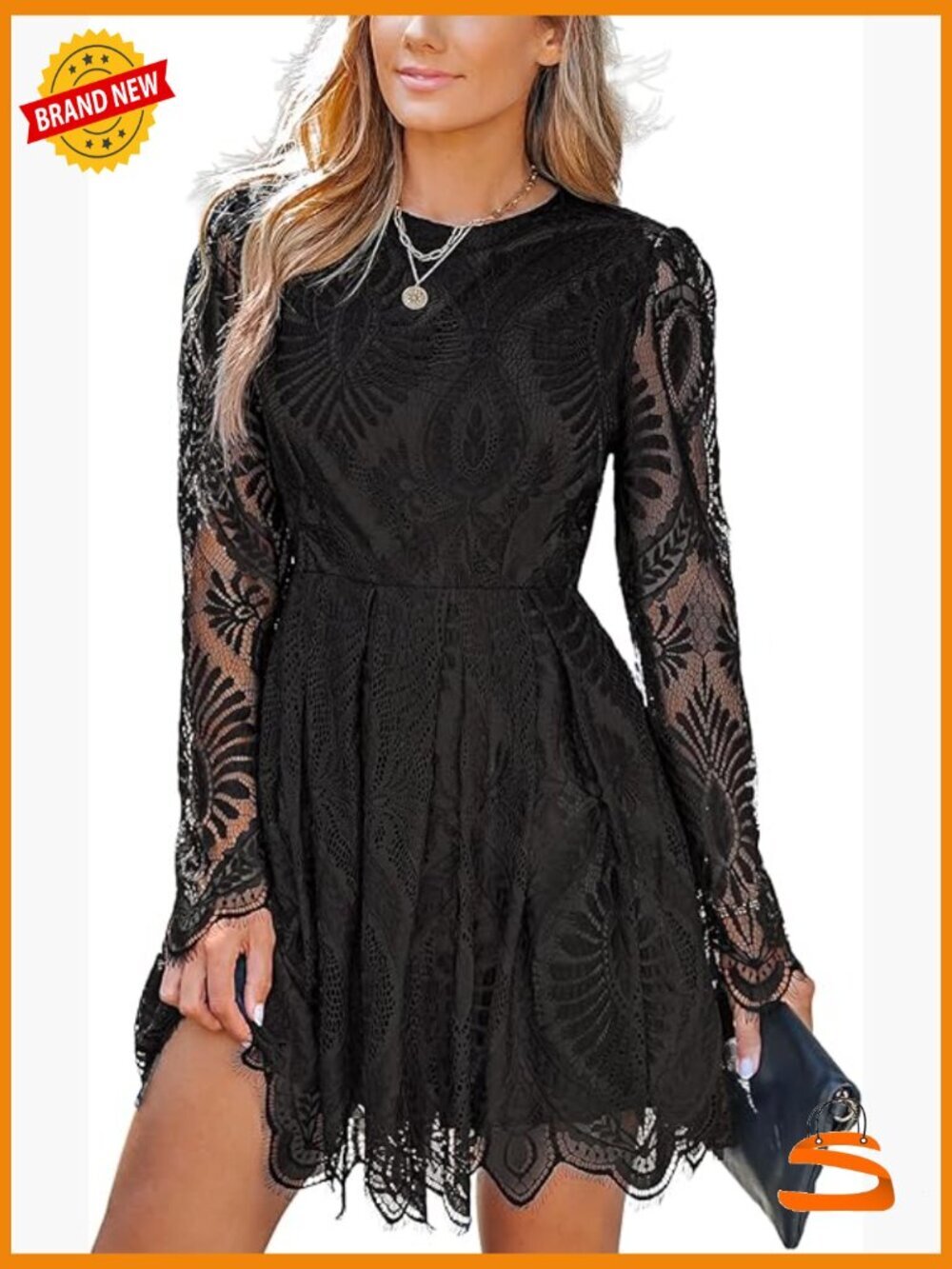 Lace Cocktail Mini Dress Sheer Insert Long Sleeve Flared A-Line
